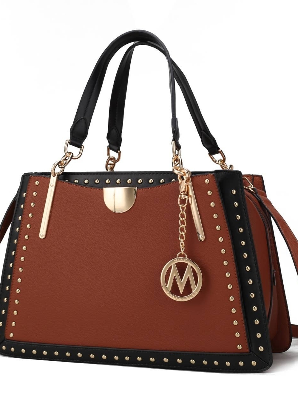 Structured Faux-Leather Tote Bag in Brown and Black with Gold Accents